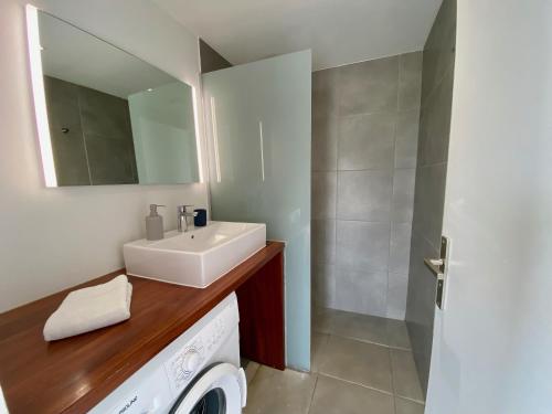 a bathroom with a sink and a mirror at Villa APOLLINAIRE in Les Trois-Îlets