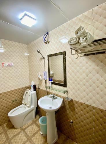 a bathroom with a sink and a toilet and a mirror at Saigonese Villa in Sapa