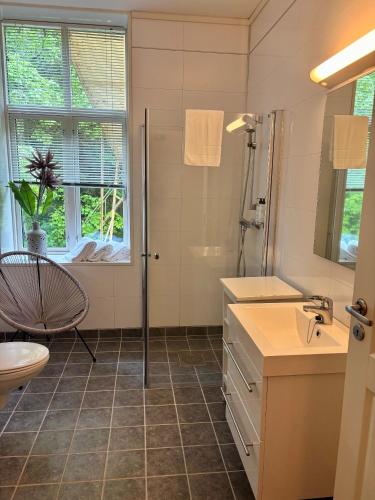 a bathroom with a sink and a toilet and a mirror at Lodge Visnes Stryn in Stryn