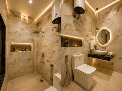 two pictures of a bathroom with a toilet and a sink at Hotel Smart International in New Delhi