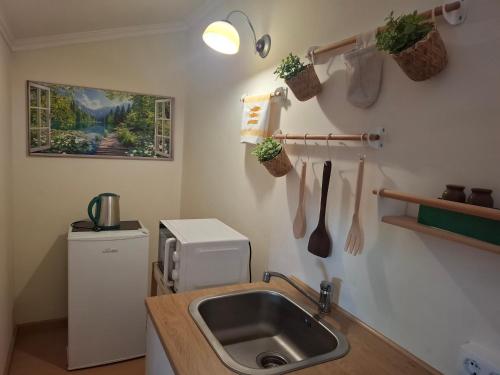 a kitchen with a sink and a counter with utensils at Quartos confortáveis em casa próximo ao Mosteiro in Batalha
