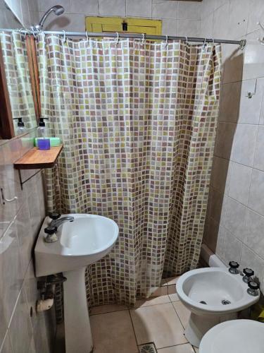 a bathroom with a sink and a shower curtain at Cabañas San Francisco in Potrerillos