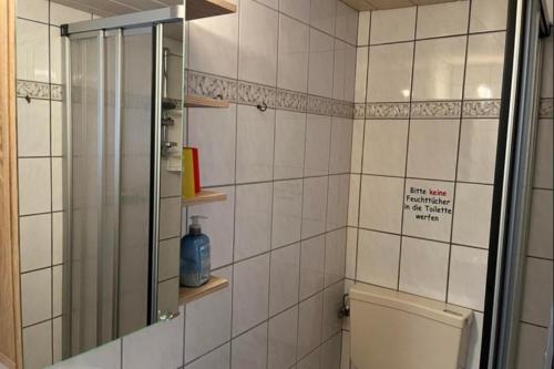 a bathroom with a shower and a toilet and a mirror at Ferienwohnung 1 Gemutlich & komfortabel im Erdgeschoss in Borkum