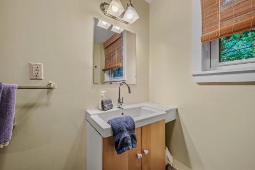 a bathroom with a sink and a mirror at Above Sleepy Hollow - Rooftop Deck, Amazing Views, Hot Tub, Pet Friendly, Screen Porch, Wifi, EV Station, Games, Trails, Wood Stove, Charcoal Grill, Lake Access, King Bed in Hedgesville