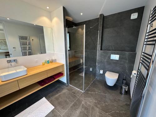 a bathroom with a shower and a sink and a mirror at Er Rohellec in Baden