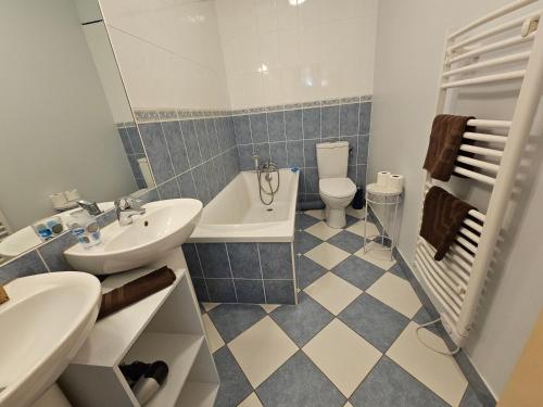 a bathroom with a sink and a tub and a toilet at Aux grilles du Château de Saint-Aignan, à 2km de Beauval, les maisons de Sidonie et Léonard in Saint-Aignan