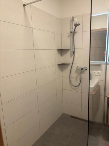 a shower with a glass door in a bathroom at Alpenoase Ennstal in Ennsling