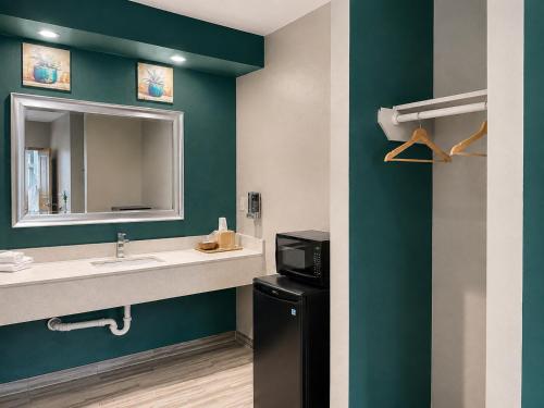 a bathroom with a sink and a mirror at Crystal Inn Downtown in Houston