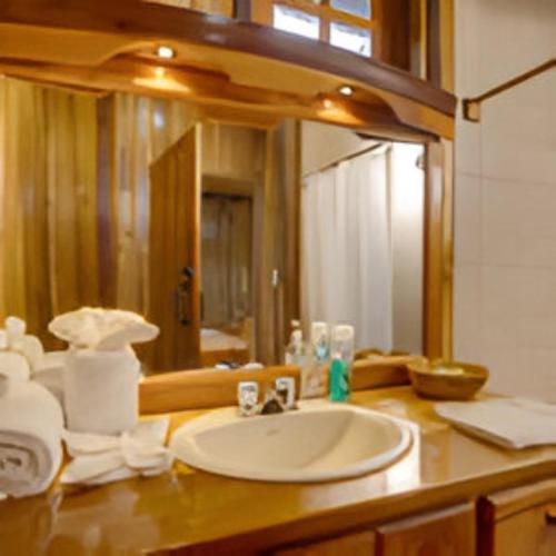 a bathroom counter with a sink and a mirror at Tropical Magnolia in Hellgate