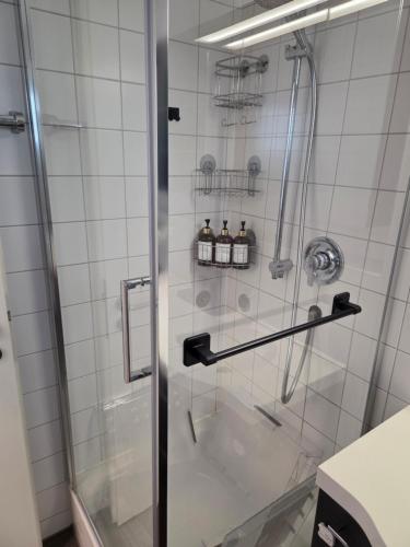 a shower in a bathroom with a glass door at Brenz City Stay in Heidenheim an der Brenz