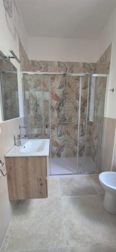 a bathroom with a shower and a sink and a toilet at Dimora del Cammino di Cancellara in Foligno