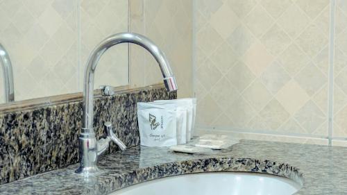 a bathroom counter with a sink and a faucet at Caldas Park e Hotel - Caldas Novas in Caldas Novas