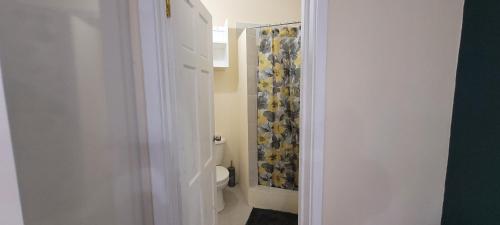 a bathroom with a toilet and a shower curtain at Valley Nest 758 in Castries