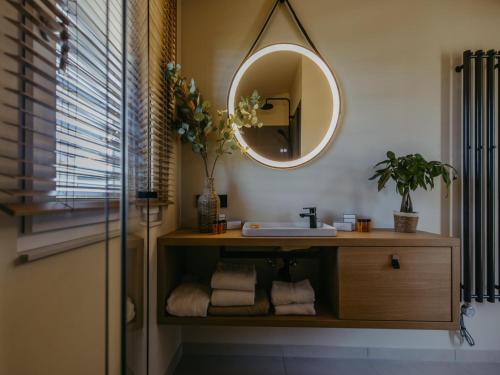 a bathroom with a sink and a mirror at Guesthouse Seeblick in Breitenbrunn