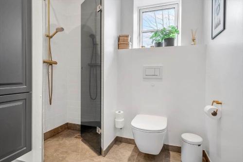 a white bathroom with a toilet and a shower at 8119-Praesto-Over-Lyngen-19 in Præstø