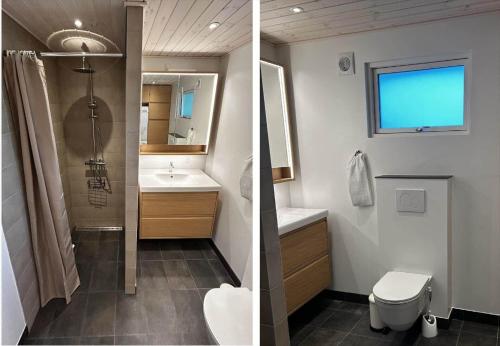 a bathroom with a toilet and a sink and a shower at HA378-Saeby-Krebsevej-2 in Sæby