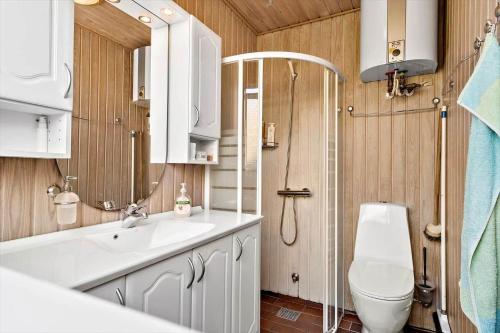 a bathroom with a toilet and a sink and a shower at 4468-Hvide-Sande-Tingodden-427 in Hvide Sande