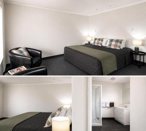 two pictures of a bedroom with a bed and a chair at Kerry Lane Motel in Hawera