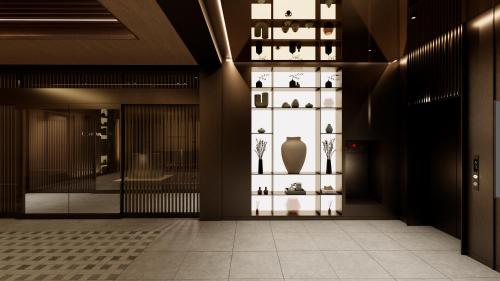 a lobby with a display of vases on a wall at UH Continental SeoulCenter in Seoul