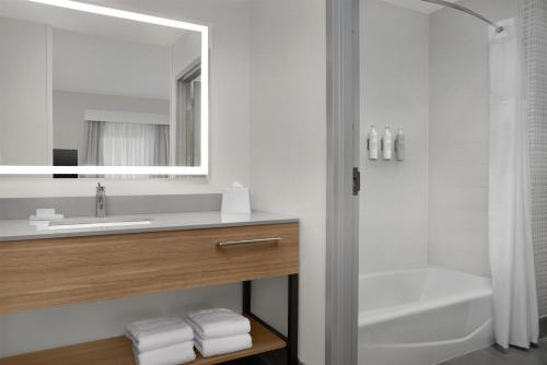 a bathroom with a sink and a mirror and a tub at Hampton Inn & Suites Lake City in Lake City