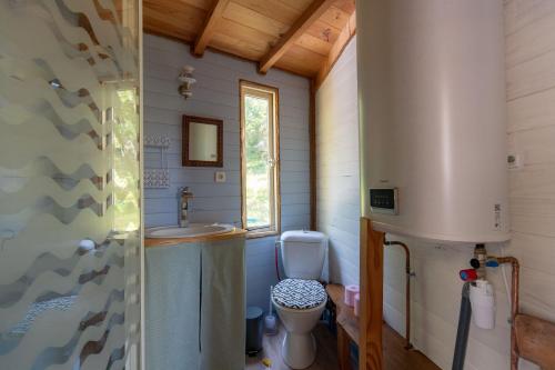 a small bathroom with a toilet and a sink at Les roulottes de Rita "Le poulailler" in Verfeil-sur-Seye