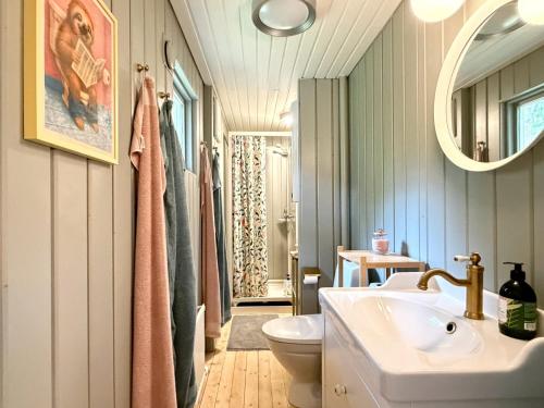 a bathroom with a sink and a toilet and a mirror at Wonderful cottage close to lakes in Södra Rörum