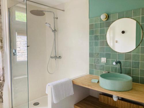a bathroom with a blue sink and a shower at Home in Drome provençale in Vesc