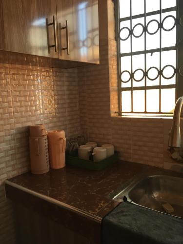 a kitchen with a counter top and a sink at Kristina Gardens 1BD & Studio Homes in Voi