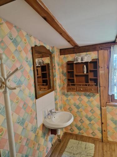 a bathroom with a sink and a mirror at Czereśniowy Dom dom na imprezy kawalerskie bunkry warsztaty in Goruńsko
