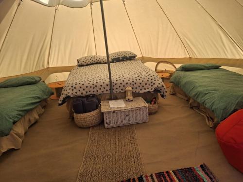a room with two beds and an umbrella in a tent at Luxury Glamping - Heydaze in Lostwithiel