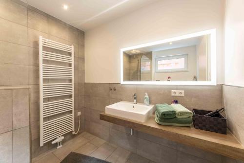 a bathroom with a sink and a mirror at Ferienwohnung Kurpark in Xanten