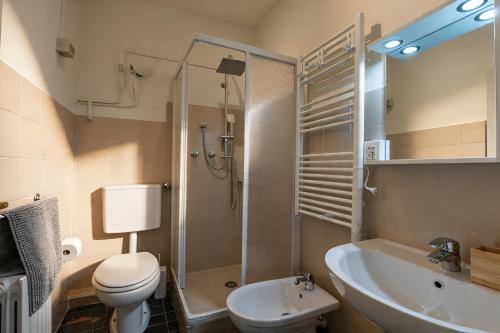 a bathroom with a shower and a toilet and a sink at Apartment Di Lago by GardaDoma in Brenzone sul Garda