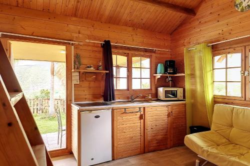 a kitchen with a refrigerator and a sink in a cabin at Le Yucca - Terrasse et jardin - Wifi in Saint-Louis