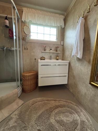 a bathroom with a sink and a shower at Gammel stua AS in Andøya