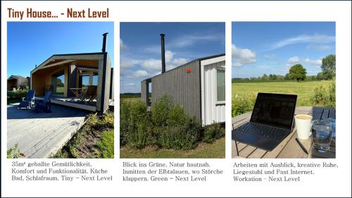 a collage of three pictures of a tiny house at 102 Tiny House in erster Reihe mit Kamin & Blick ins Grüne in Bleckede