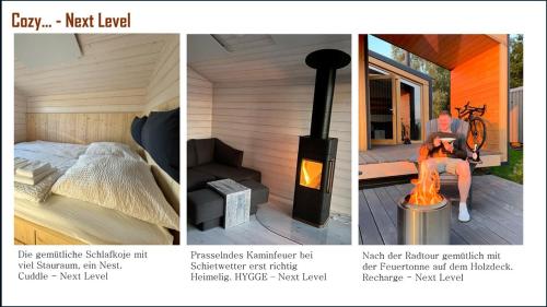 two pictures of a sauna with a wood stove at 102 Tiny House in erster Reihe mit Kamin & Blick ins Grüne in Bleckede
