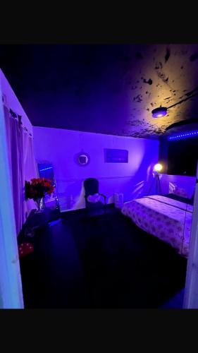 a bedroom with a bed and a purple light at DouceNuits in Le Blanc-Mesnil
