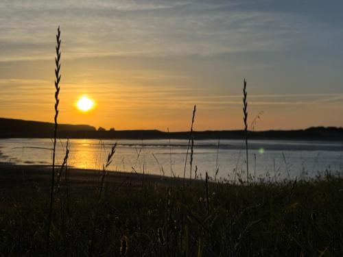 a sunset over a body of water with grass in the foreground at Apartamentos turísticos El Pinar in Mogro