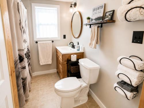 a bathroom with a toilet and a sink at Cameron's Cottage at The Lake in Tallassee