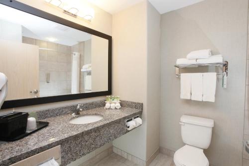 a bathroom with a sink and a toilet and a mirror at Holiday Inn Express Fort St John by IHG in Fort Saint John