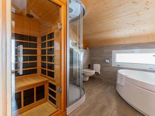 a bathroom with a shower and a tub and a toilet at Das Edelweiss in Hohentauern