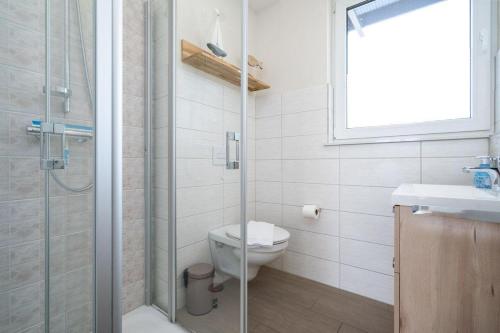 a bathroom with a toilet and a glass shower at Strandhaus-3-EG in Marienfelde
