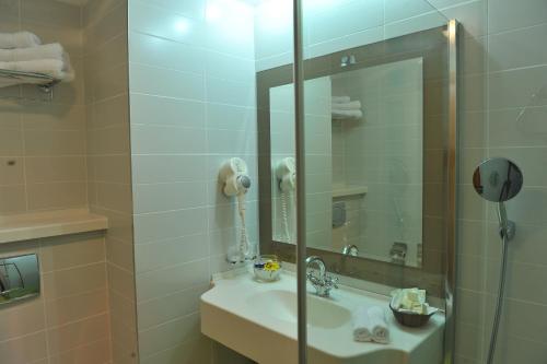 a bathroom with a shower and a sink and a phone at Hotel Jasmine in Braşov