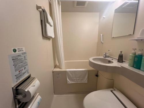 a small bathroom with a toilet and a sink at Hotel Route-Inn Tokuyama Ekimae in Shunan