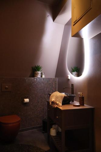 a bathroom with a brown toilet and a sink at Ystads Gamla Vattentorn in Ystad