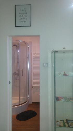 a bathroom with a shower and a glass door at Apartments Zagreb Center in Zagreb