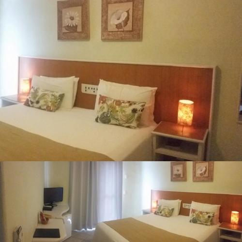 two pictures of a bedroom with a bed and a lamp at Atena Praia Hotel in Boicucanga
