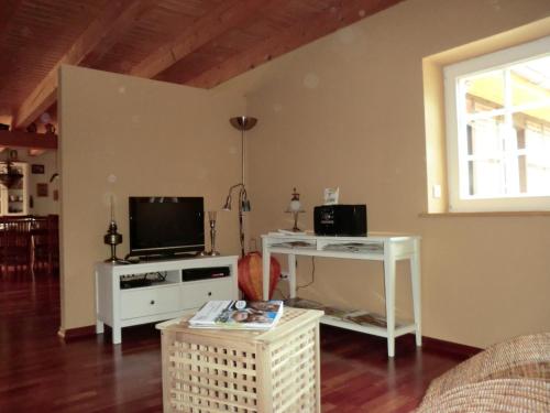 a living room with a tv and a table with a tvictericter at The Cosy Home in Hodenhagen