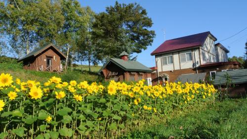 a house and a field of yellow flowers at Pension Megumiyuki in Biei