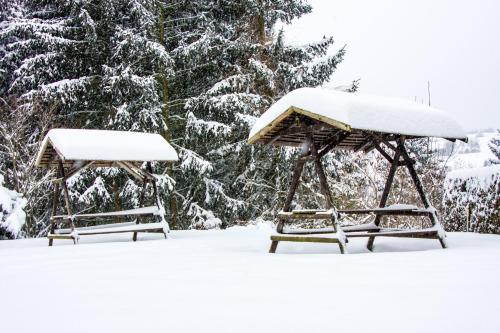 two picnic tables covered in snow with trees in the background at Landhotel Gutshof in Hartenstein